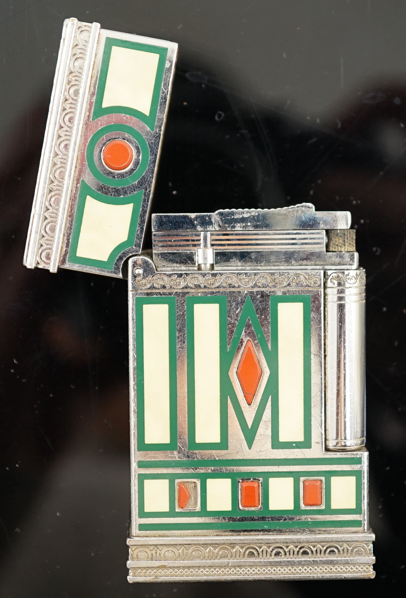 An S.J Dupont palladium plated and three colour enamel limited edition Medici cigarette lighter